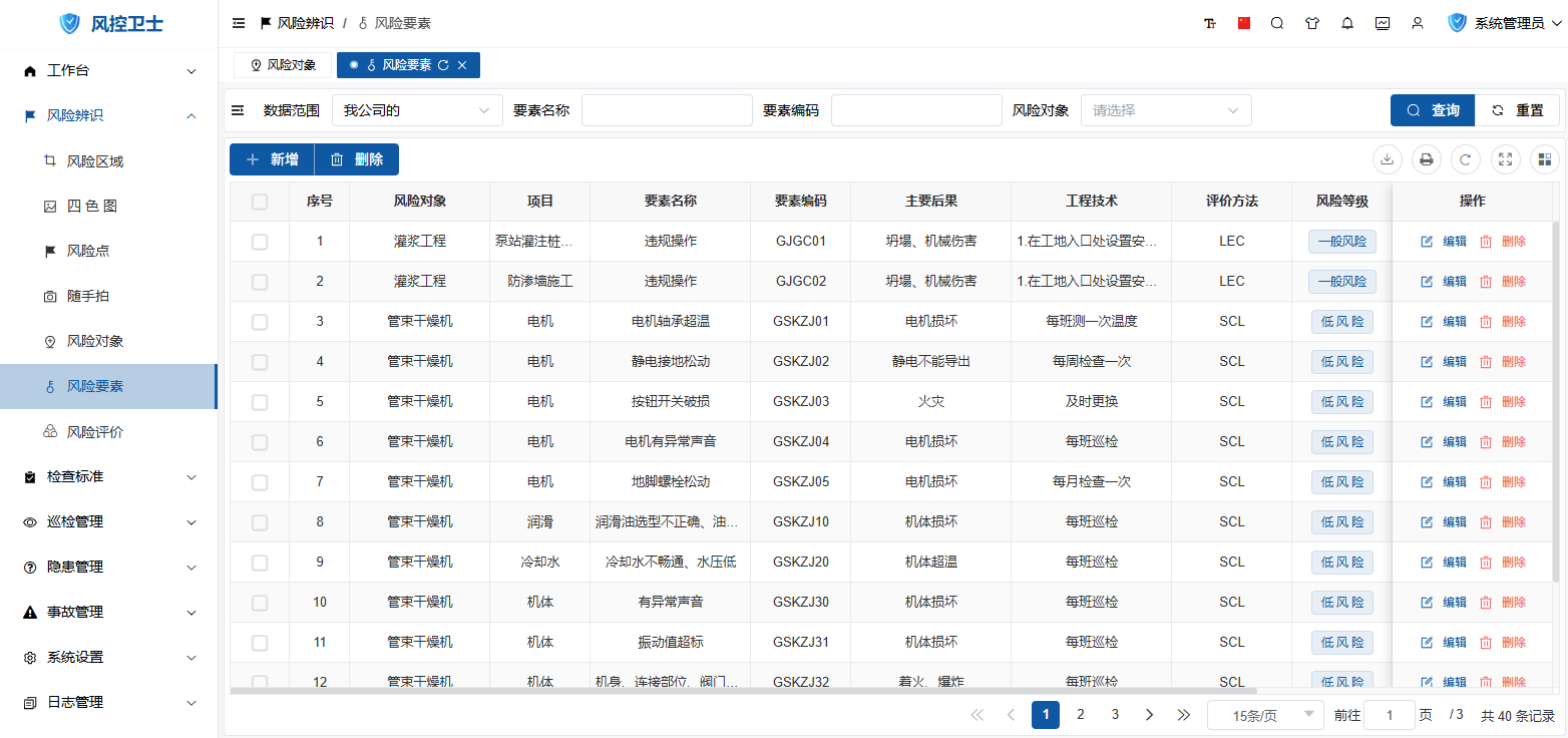 风险要素列表界面